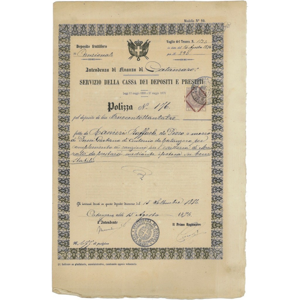 INT. FINANZA CASSA DEI D. E PRESTITI - POLIZZA - CATANZARO 1876