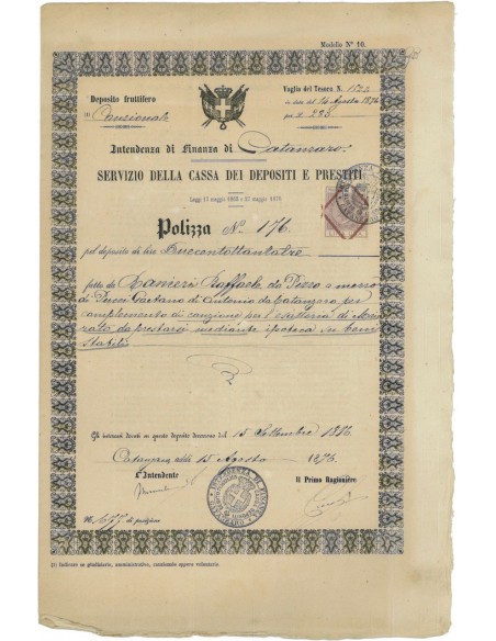 INT. FINANZA CASSA DEI D. E PRESTITI - POLIZZA - CATANZARO 1876