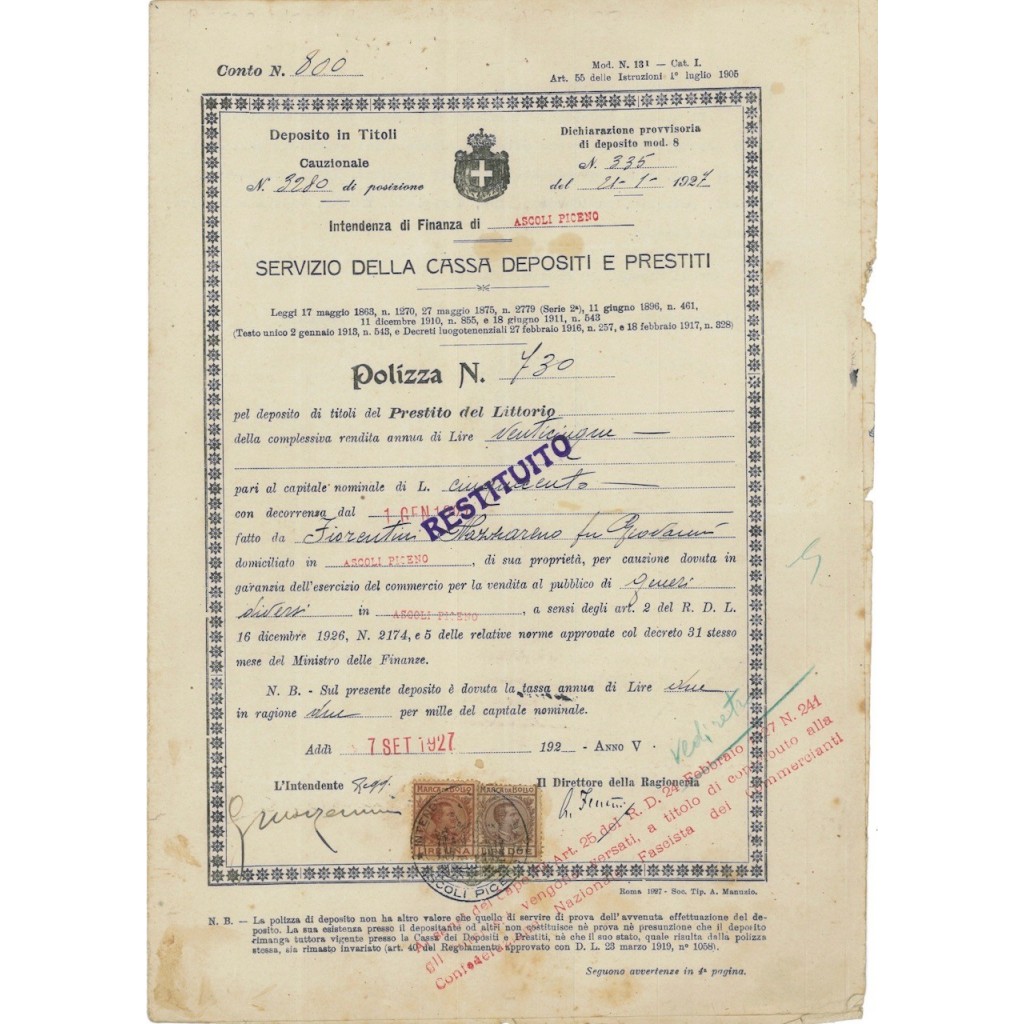SERVIZIO DELLA CASSA DEP E PRESTITI - POLIZZA PREST. LITTORIO - 1927