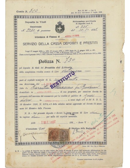 SERVIZIO DELLA CASSA DEP E PRESTITI - POLIZZA PREST. LITTORIO - 1927