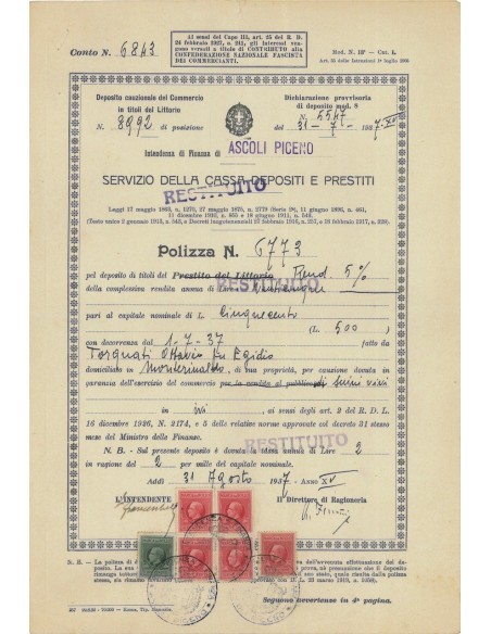 SERVIZIO DELLA CASSA DEP E PRESTITI - POLIZZA PREST. LITTORIO - 1937