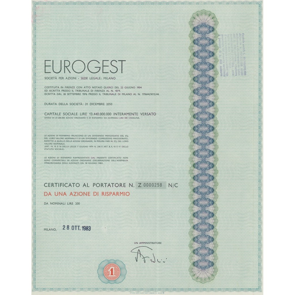 EUROGEST - 1 AZIONE DI RISPARMIO MILANO 1983