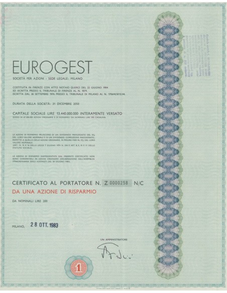 EUROGEST - 1 AZIONE DI RISPARMIO MILANO 1983
