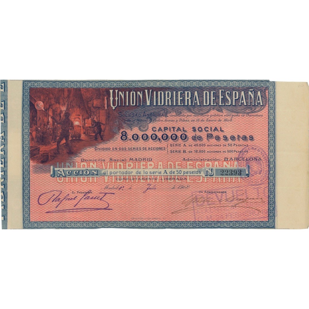UNION VIDRIERA DE ESPANA - 1 AZIONE DI 50 PESETAS - 1928