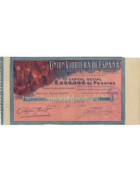 UNION VIDRIERA DE ESPANA - 1 AZIONE DI 50 PESETAS - 1928