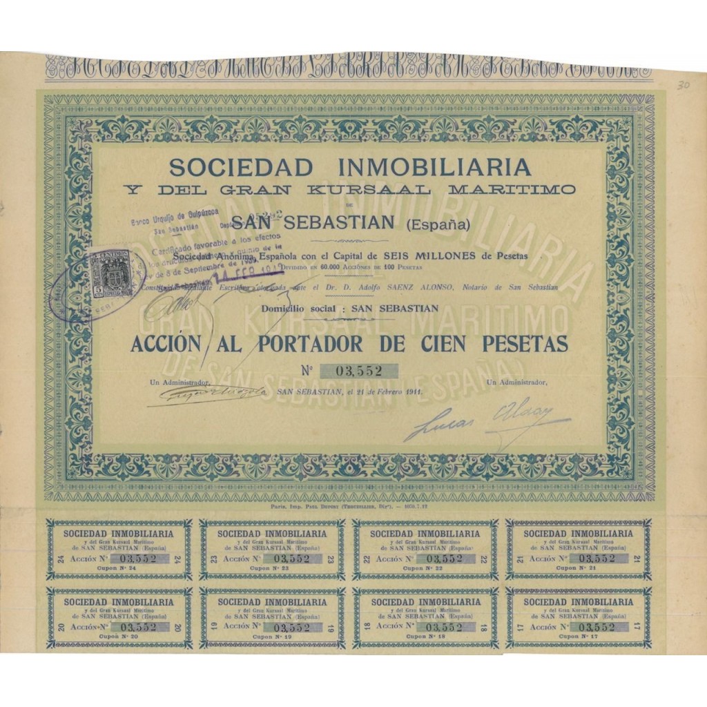SOCIEDAD INMOBILIARIA Y DEL GRAN KURSAAL MARITIMO - AZIONE 1911