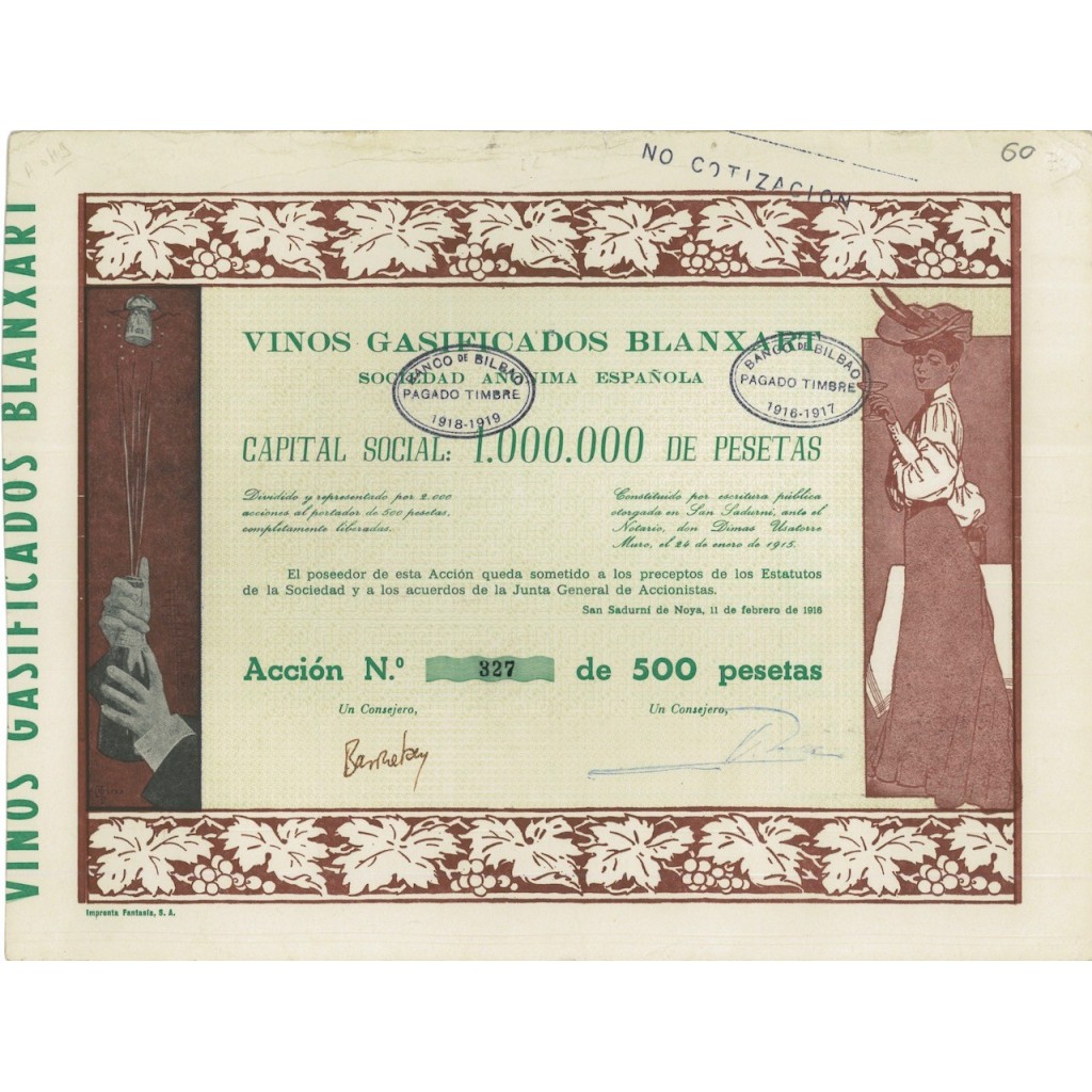 VINOS GASIFICADOS BLANXART - 1 AZIONE 1916