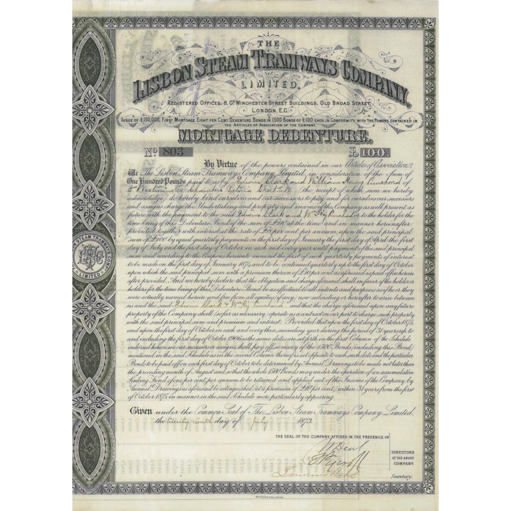 LISBON STEAM TRAMWAYS COMPANY - MORTAGE DEBENTURE - 1873