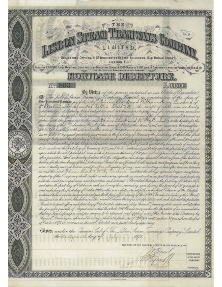 LISBON STEAM TRAMWAYS COMPANY - MORTAGE DEBENTURE - 1873