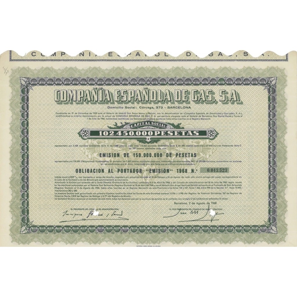 COMPANIA ESPANOLA DE GAS S.A. - 1 OBBLIGAZIONE - 1968