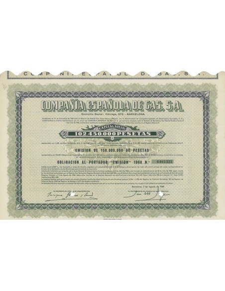 COMPANIA ESPANOLA DE GAS S.A. - 1 OBBLIGAZIONE - 1968