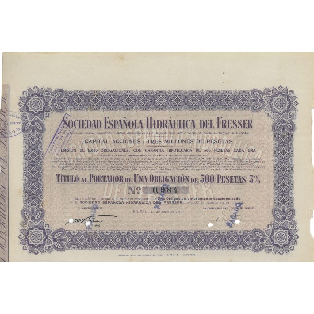 SOCIEDAD ESPANOLA HIDRAULICA DEL FRESSER - 1 OBBL. 1917