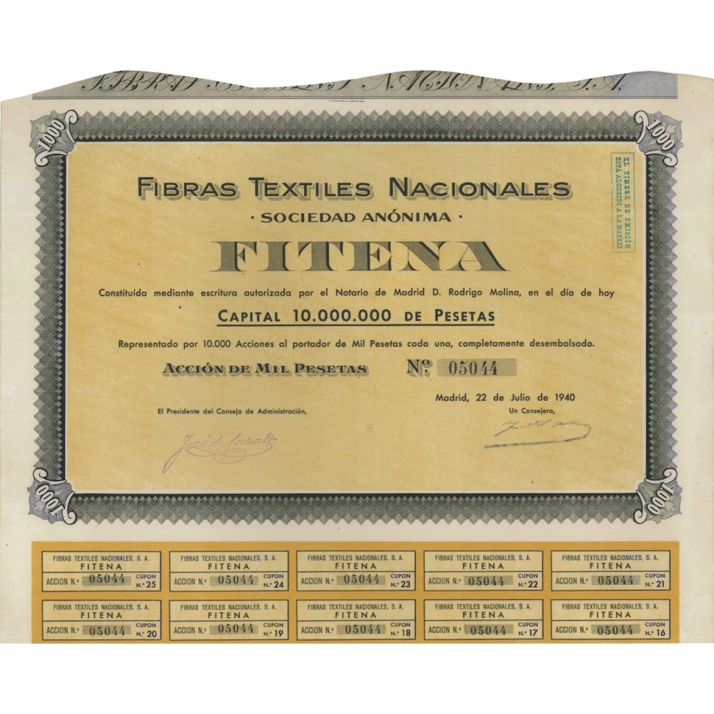 FIBRAS TEXTILES NACIONALES FITENA - 1 AZIONE - 1940