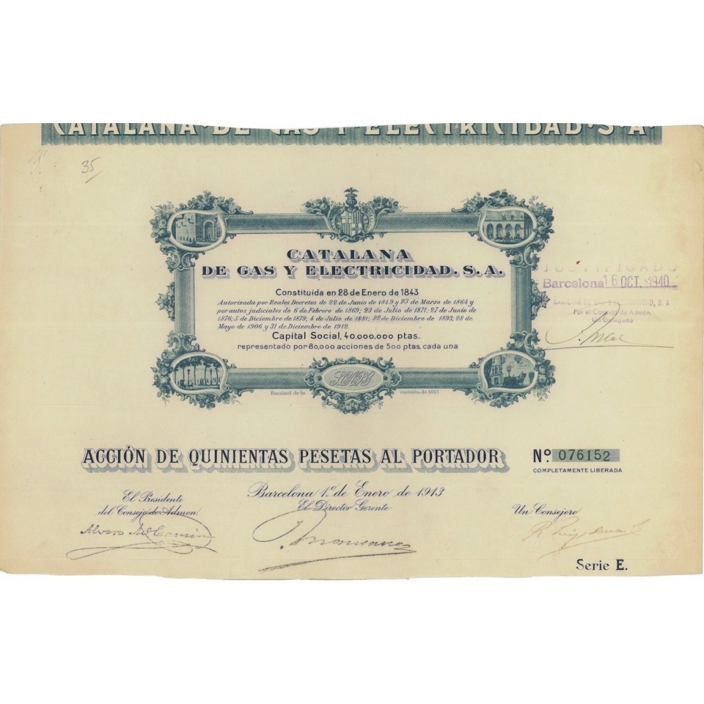 CATALANA DE GAS Y ELECTRICIDAD SA - 1 AZIONE 1913