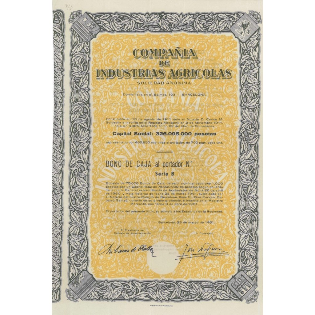 COMPANIA DE INDUSTRIAS AGRICOLAS - 1 AZIONE - 1961