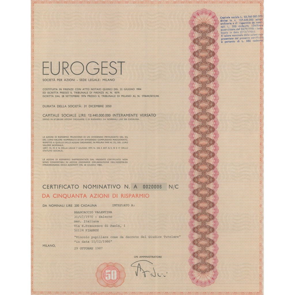 EUROGEST - 50 AZIONI DI RISPARMIO MILANO 1987