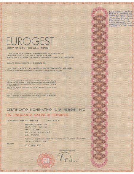 EUROGEST - 50 AZIONI DI RISPARMIO MILANO 1987