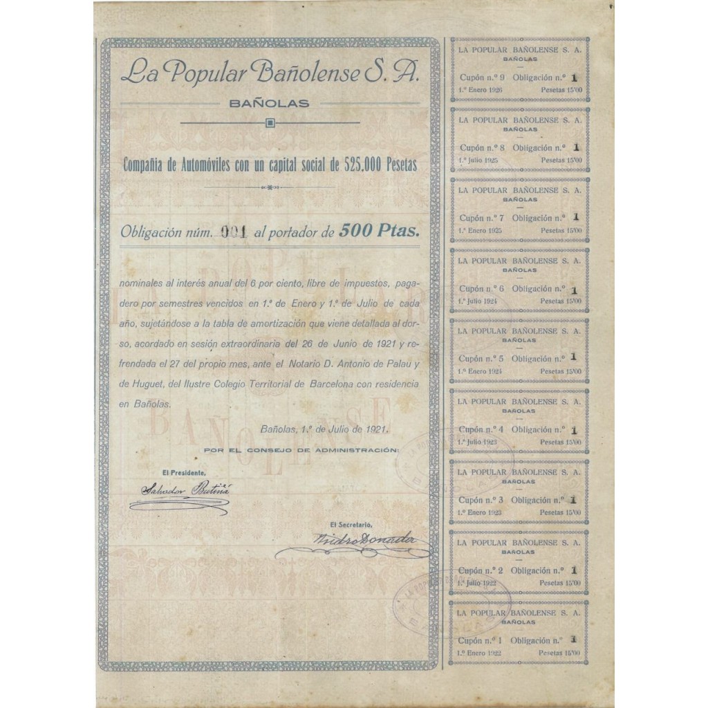 LA POPULAR BANOLENSE S.A. - 1 OBBLIGAZIONE - 1921