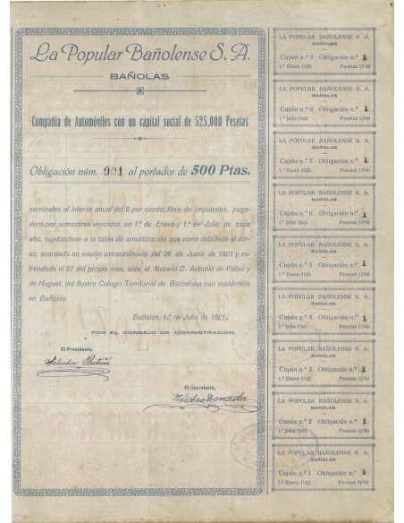 LA POPULAR BANOLENSE S.A. - 1 OBBLIGAZIONE - 1921