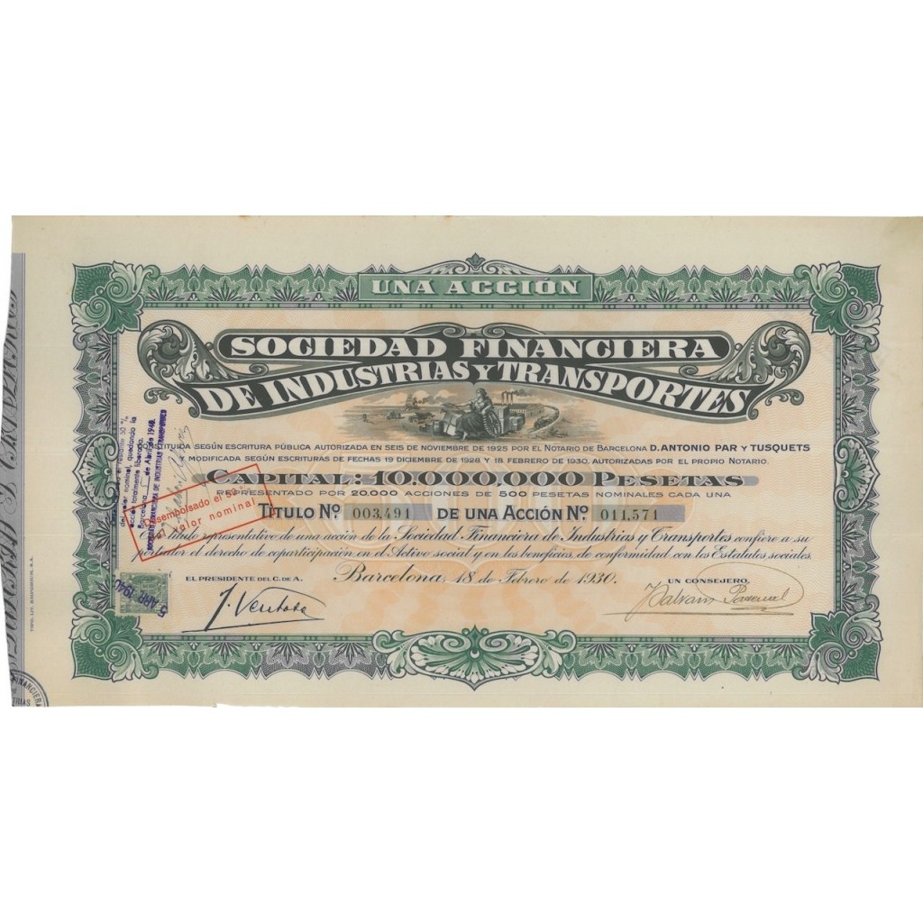 SOC. FINANCIERA DE INDUSTRIAS Y TRANSPORTES - 1 AZIONE - 1930
