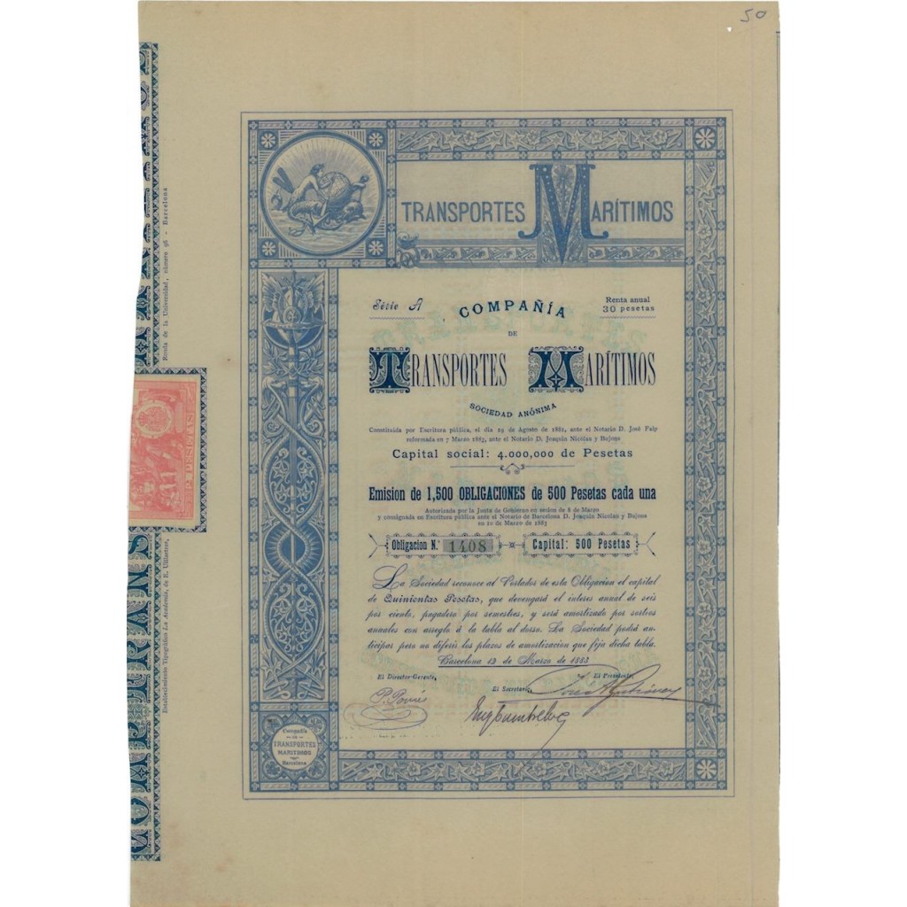 COMPANIA TRANSPORTES MARITIMOS - OBBLIGAZIONE - 1883