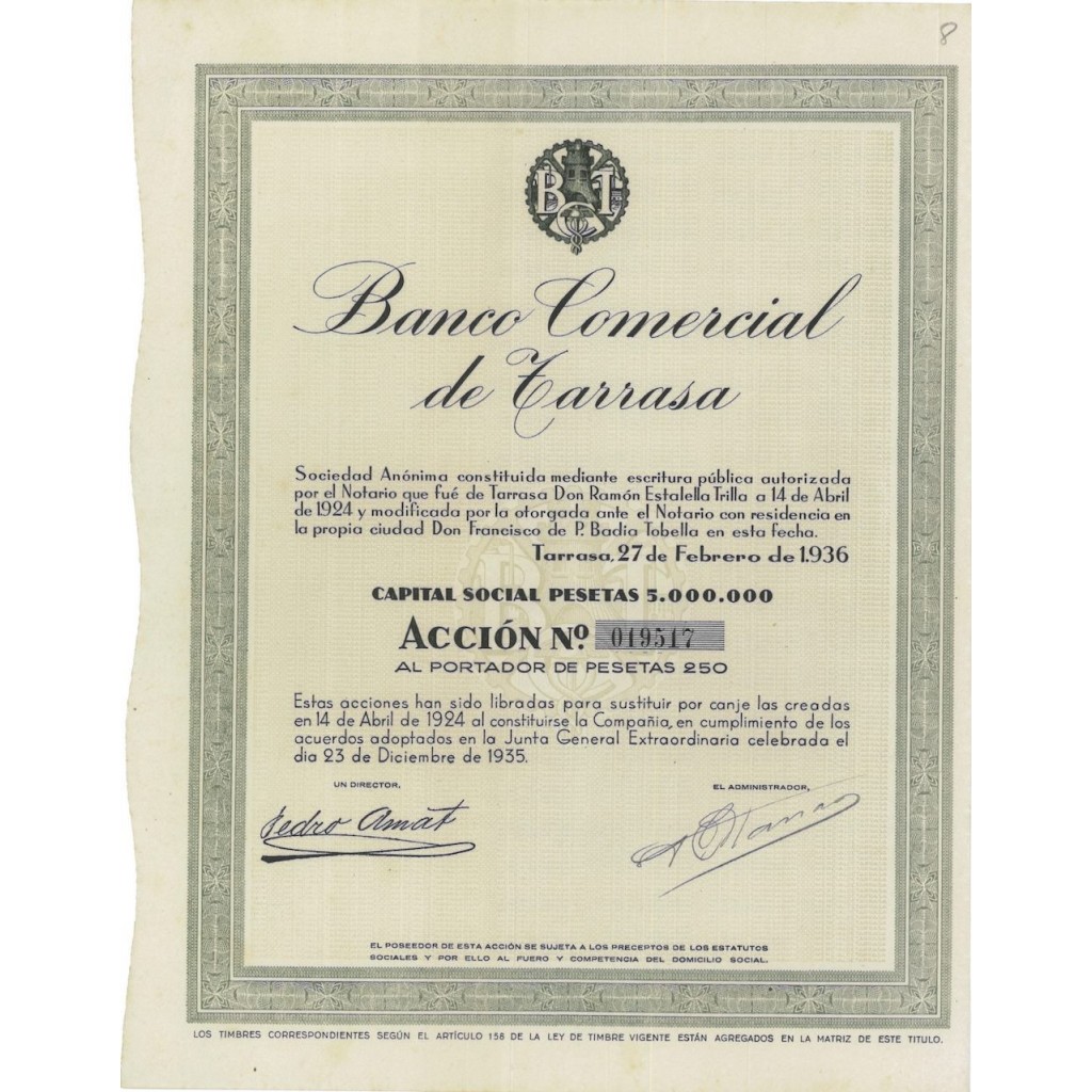 BANCO COMERCIAL DE TARRASA - 1 AZIONE - 1935