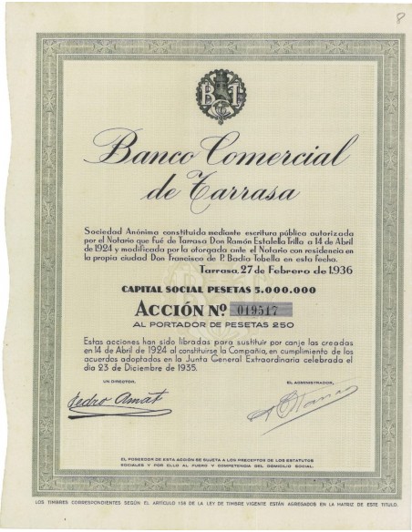 BANCO COMERCIAL DE TARRASA - 1 AZIONE - 1935