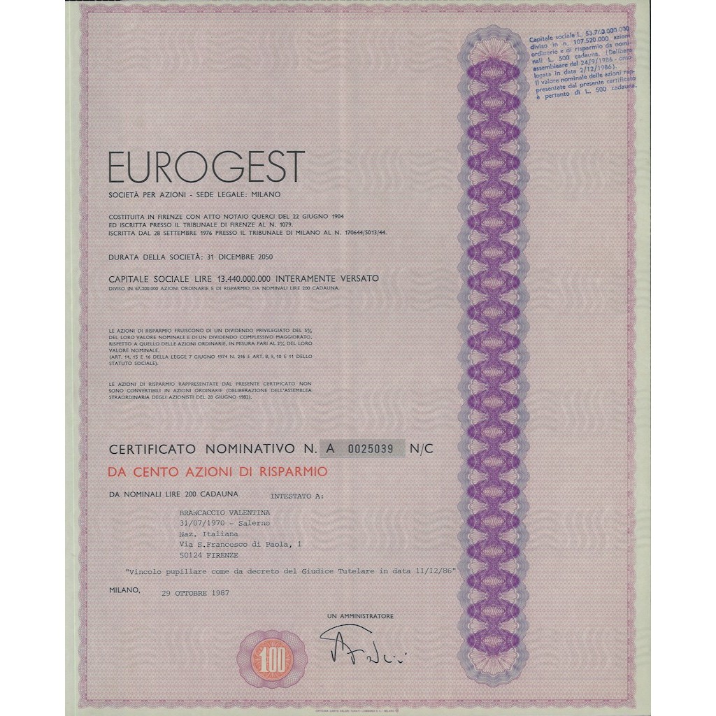 EUROGEST - 100 AZIONI DI RISPARMIO MILANO 1987
