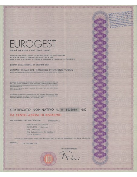 EUROGEST - 100 AZIONI DI RISPARMIO MILANO 1987