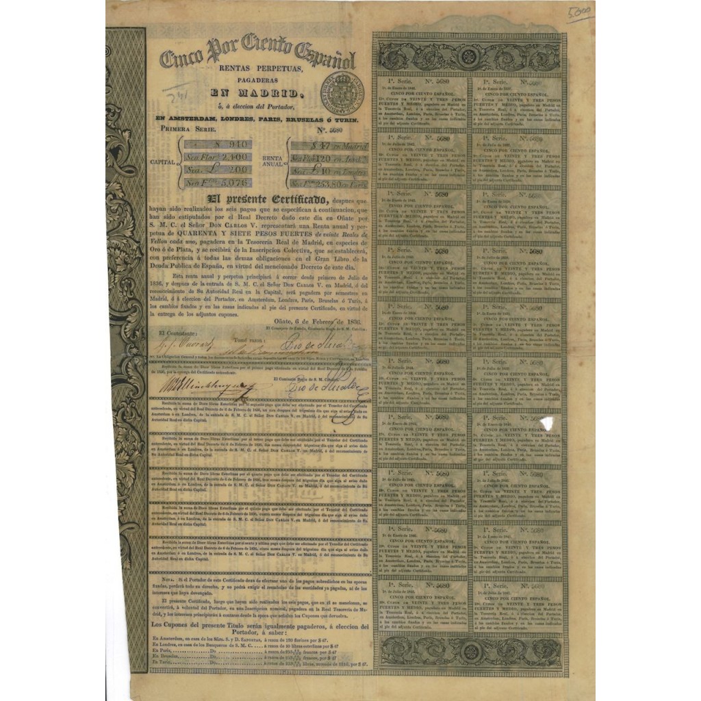 CINCO POR CENTO ESPANOL RENTAS PERPETUAS - 1836