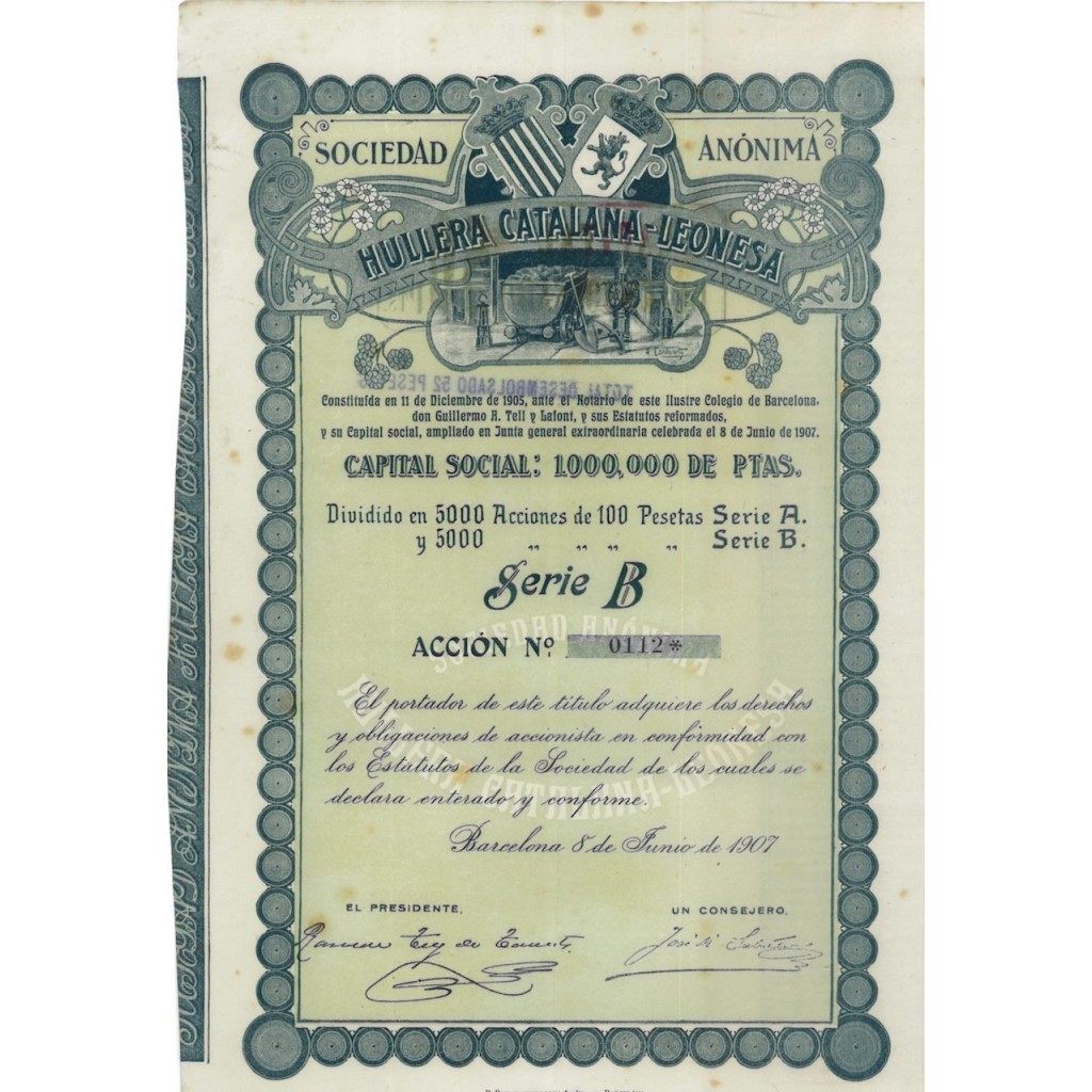 SOC. ANON. HULLERA CATALANA-LEONESA - AZIONE - 1907