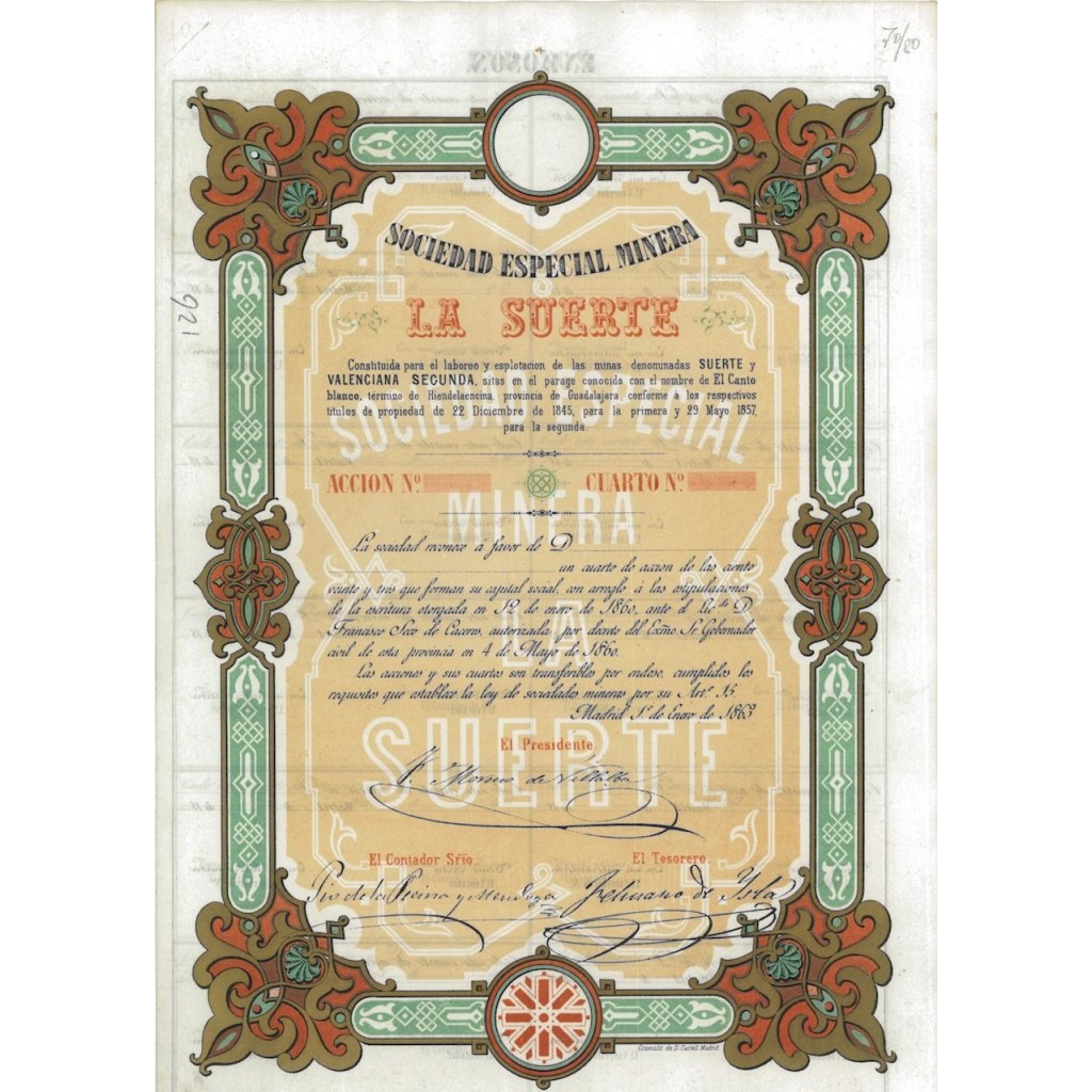 SOC. ESPECIAL MINERA LA SUERTE - AZIONE - 1863