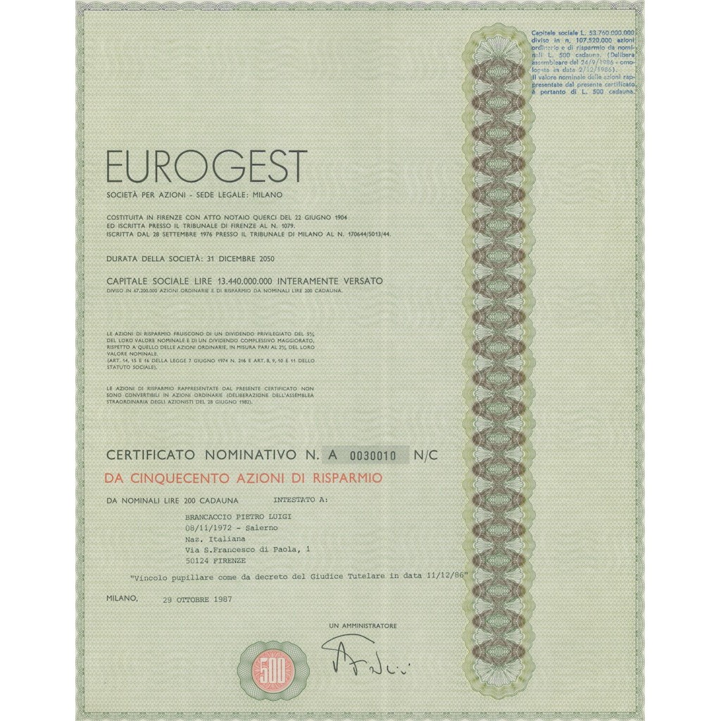 EUROGEST - 500 AZIONI DI RISPARMIO MILANO 1987