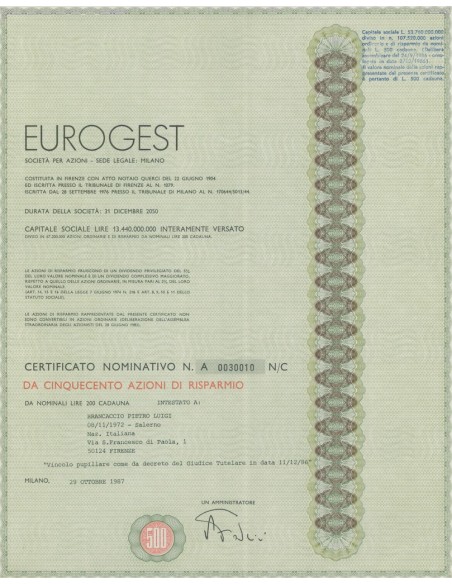 EUROGEST - 500 AZIONI DI RISPARMIO MILANO 1987