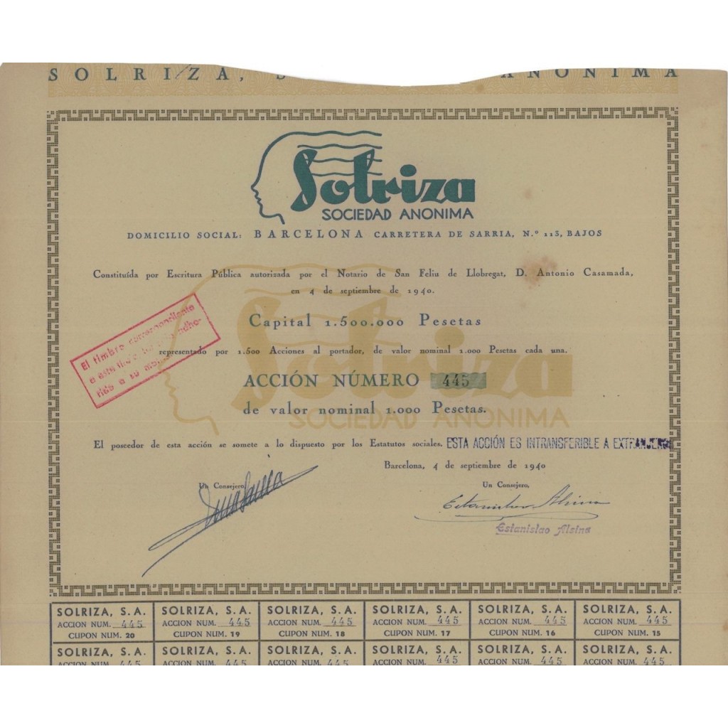 SOLRIZA SOCIEDAD ANONIMA - 1 AZIONE - 1940