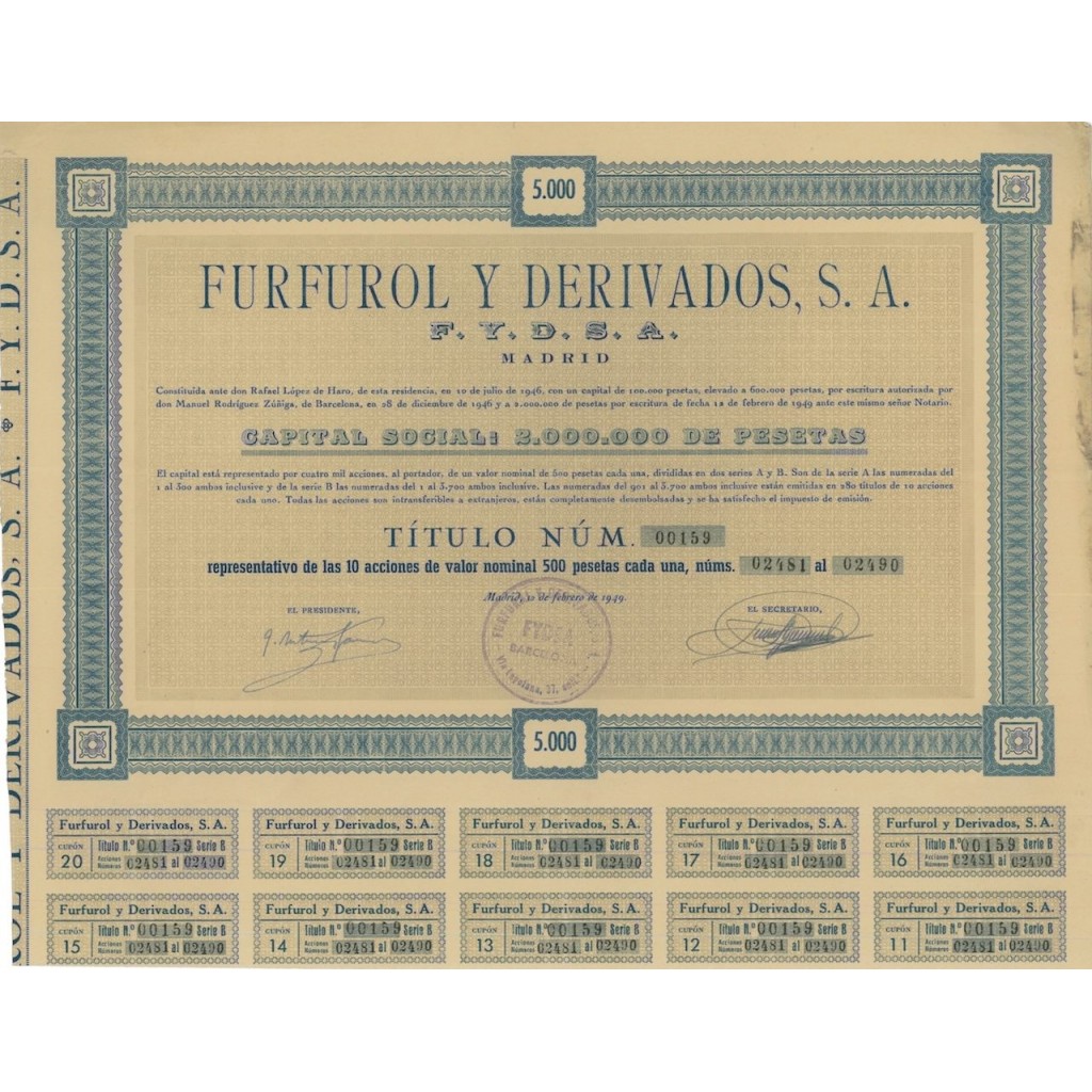 FURFUROL Y DERIV ADOS, S.A. - 10 AZIONI - 1949