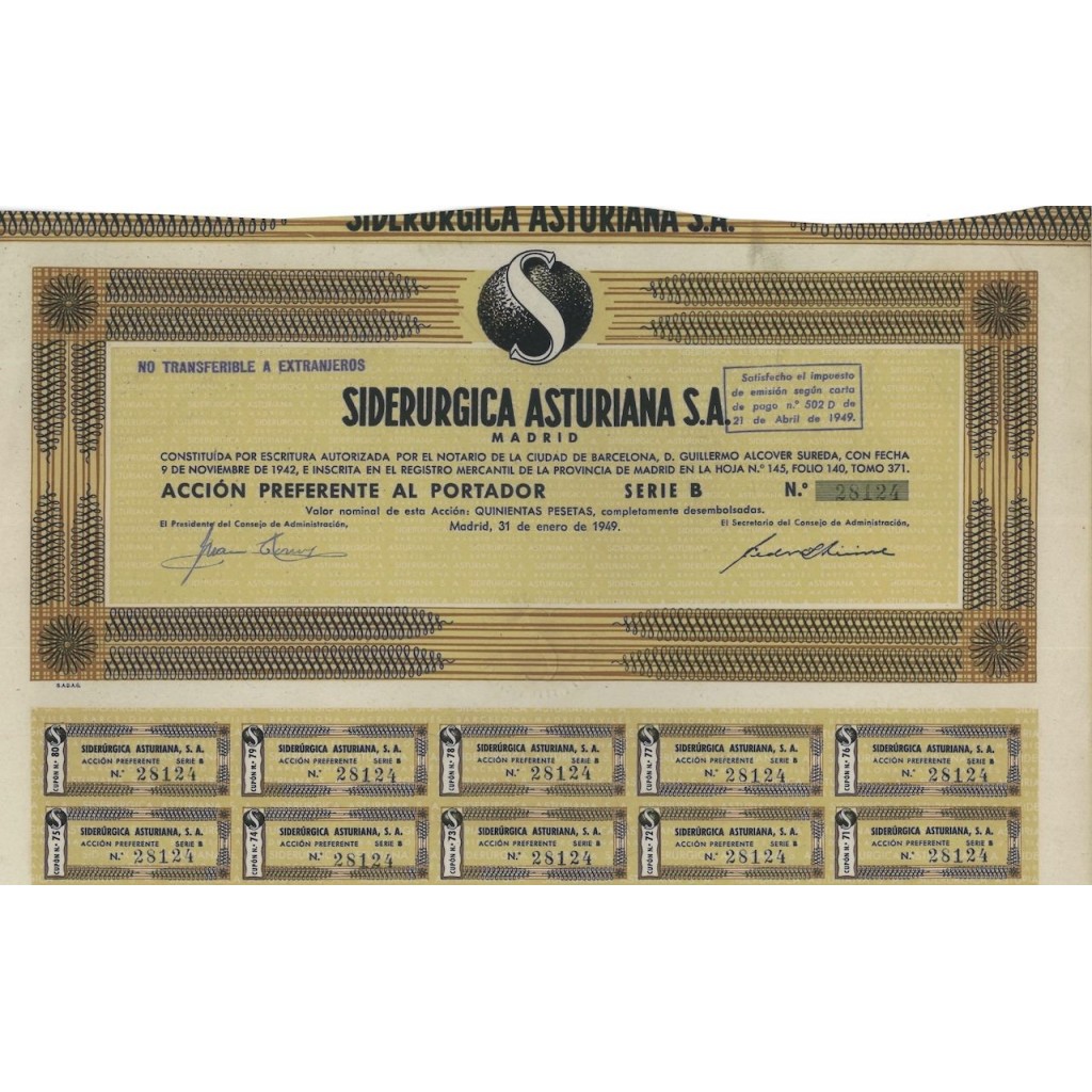 SIDERURGICA ASTURIANA S.A. - 1 AZIONE - 1949