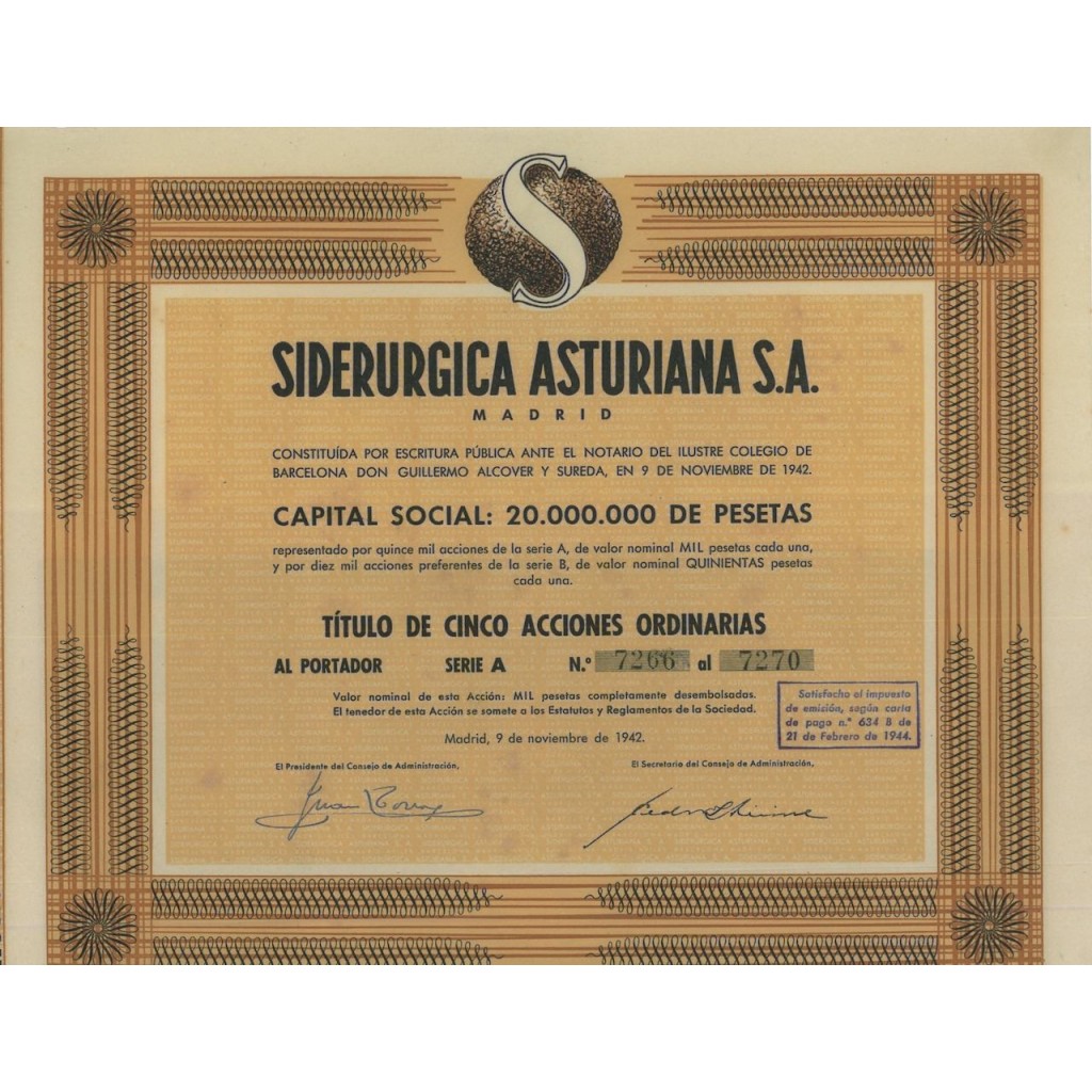 SIDERURGICA ASTURIANA S.A. - 5 AZIONI - 1942