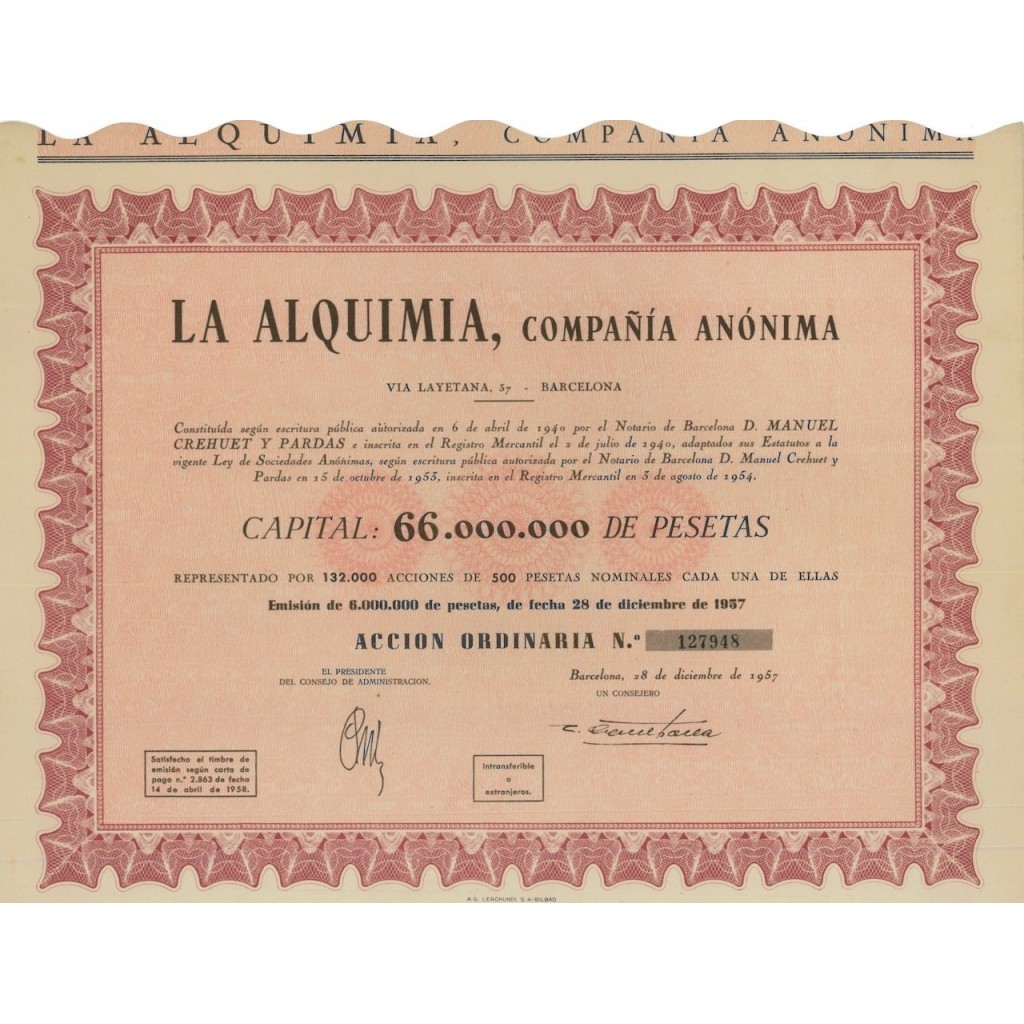 LA ALQUIMIA COPANIA ANONIMA - 1 AZIONE 1957
