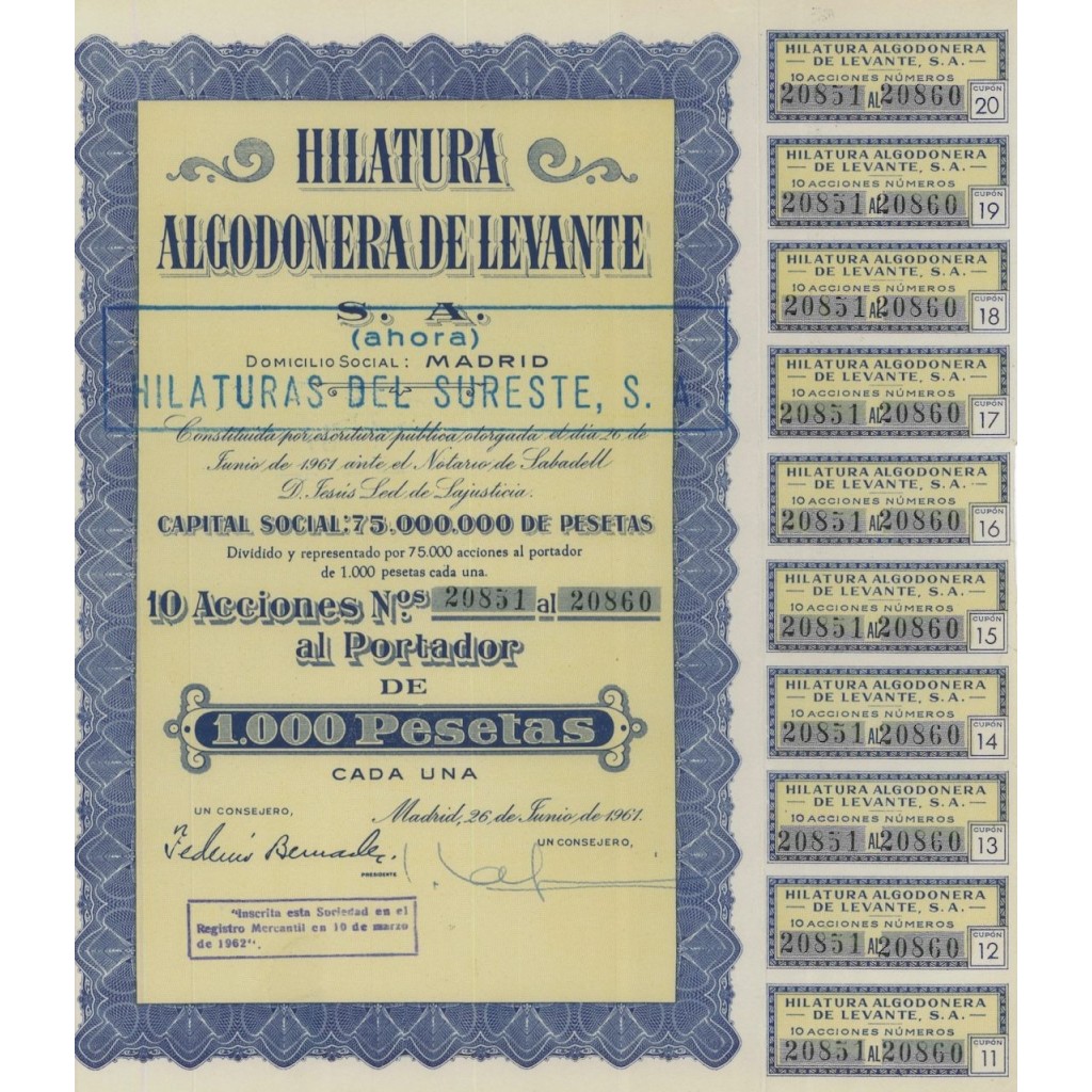 HILATURA ALGODONERA DE LEVANTE - 10 AZIONI - 1961