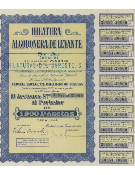 HILATURA ALGODONERA DE LEVANTE - 10 AZIONI - 1961