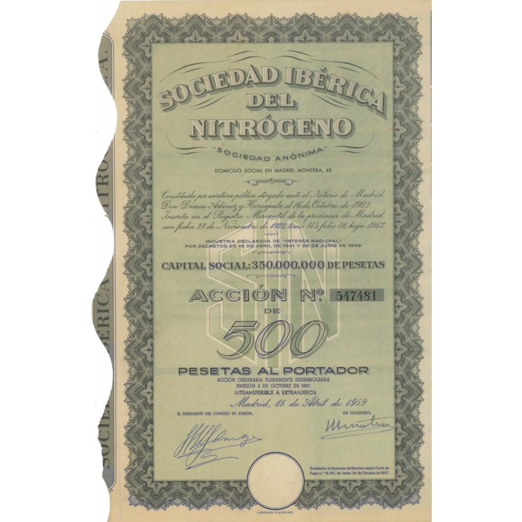 SOCIEDAD IBERICA DEL NITROGENO - 1 AZIONE 1959