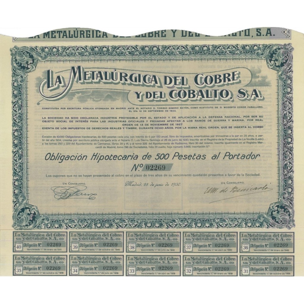 LA METALURGICA DEL COBRE Y DEL COBALTO S.A. 1 OBBLIG. 1930