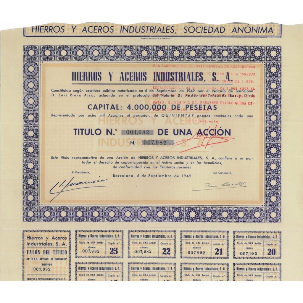 HIERROS Y ACEROS INDUSTRIALES S.A. 1 AZIONE - 1949