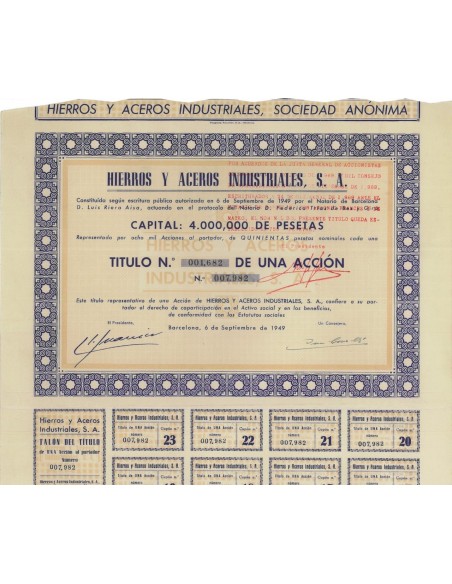 HIERROS Y ACEROS INDUSTRIALES S.A. 1 AZIONE - 1949