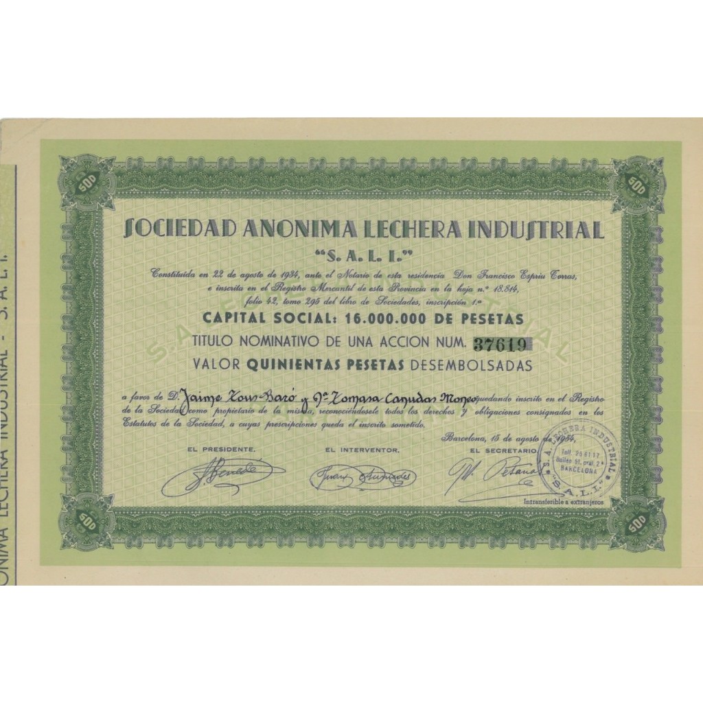 SOCIEDAD ANONIMA LECHERA INDUSTRIAL - 1 AZIONE - 1954