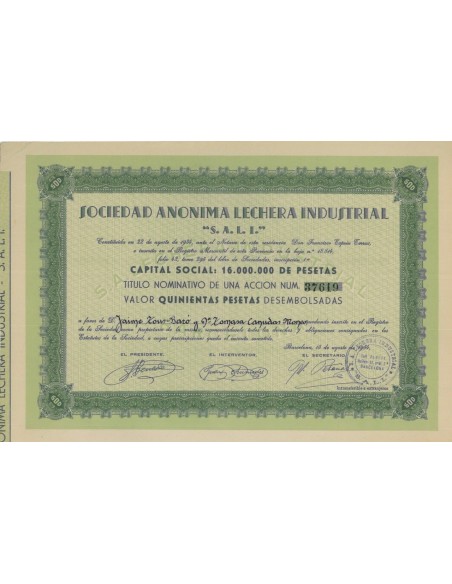 SOCIEDAD ANONIMA LECHERA INDUSTRIAL - 1 AZIONE - 1954