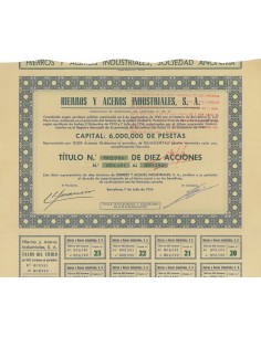 HIERROS Y ACEROS INDUSTRIALES S.A. 10 AZIONI - 1954