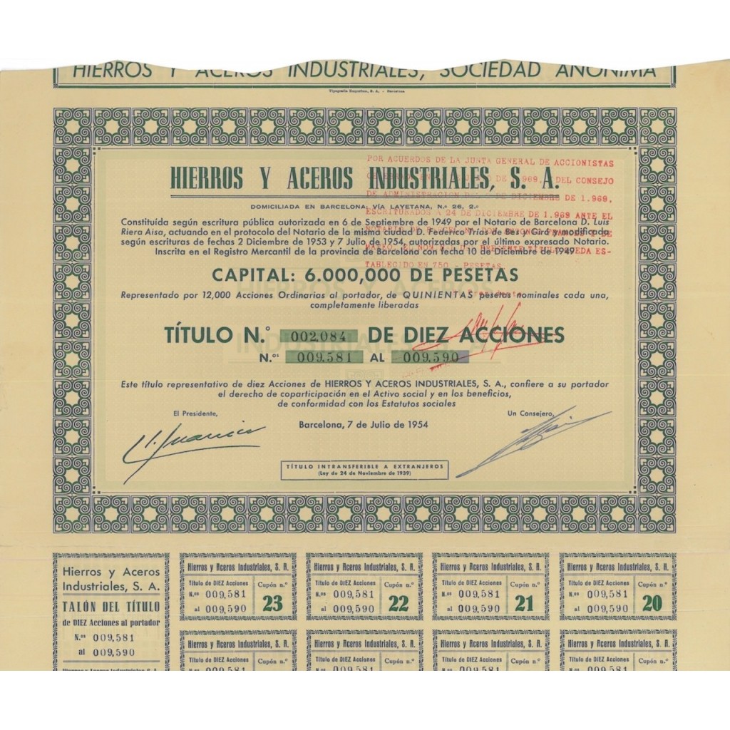 HIERROS Y ACEROS INDUSTRIALES S.A. 10 AZIONI - 1954