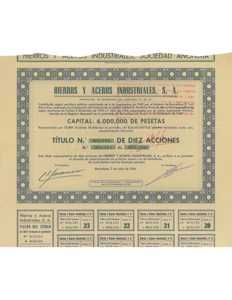 HIERROS Y ACEROS INDUSTRIALES S.A. 10 AZIONI - 1954